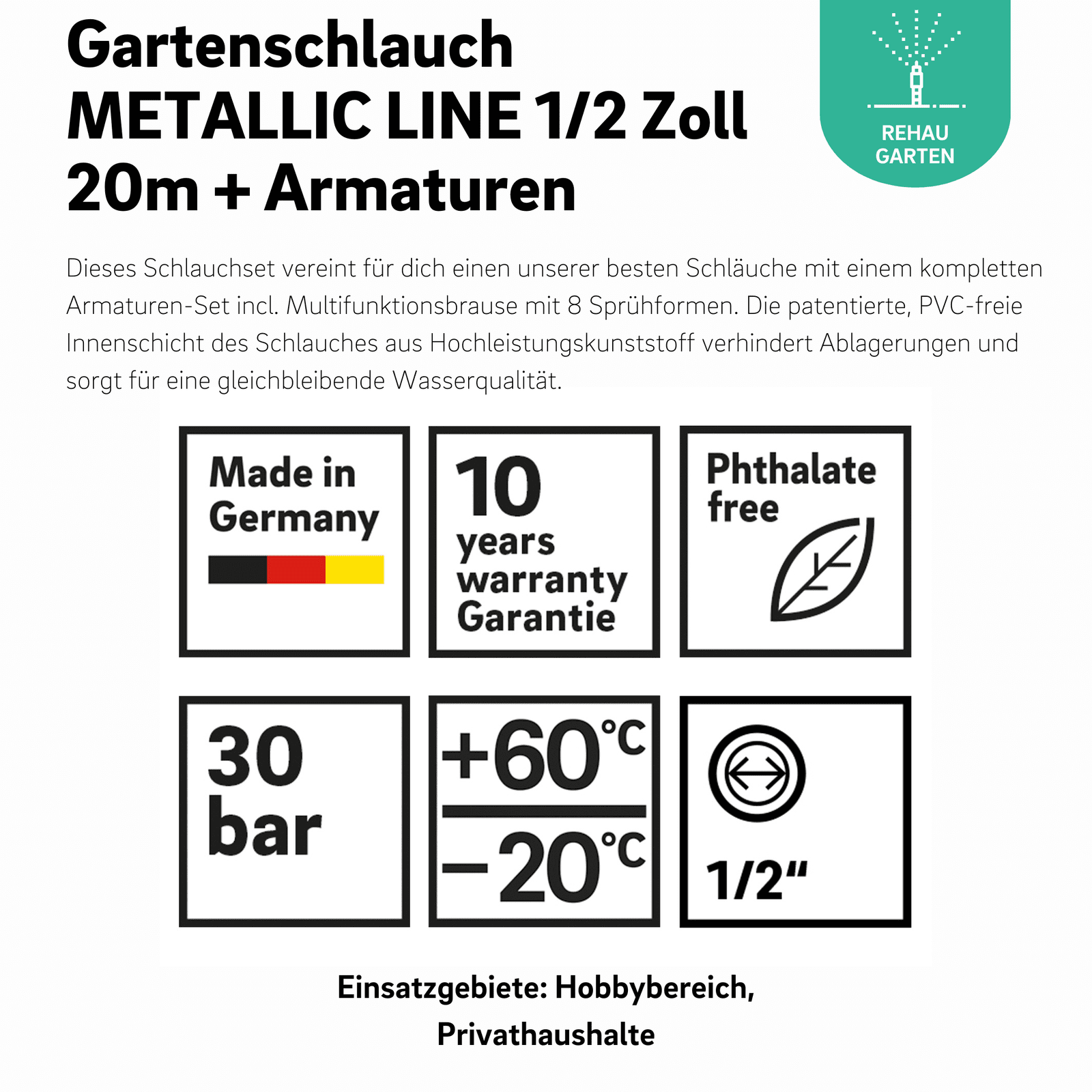 Gartenschlauchset METALLIC LINE 1/2 Zoll 20m + Armaturen - REHAU Gartenshop